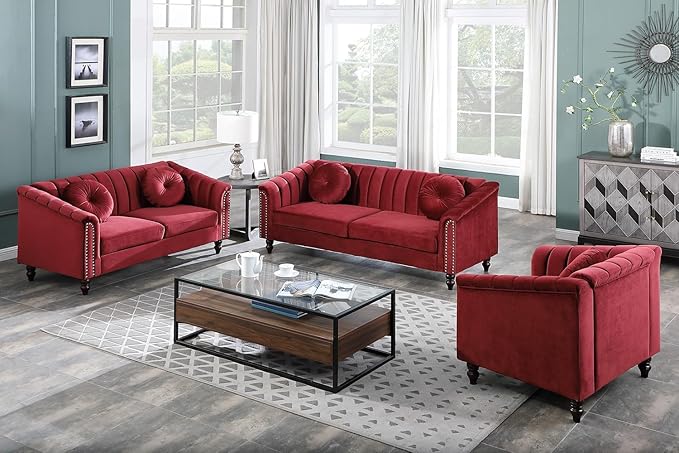 Chesterfield Sofa Set Luxurious Velvet Modern Rectangular Sofa Set with Sofa Loveseat Chair Upholstered Rolled Arm with Rivets/5 Button Tufted Pillow Red