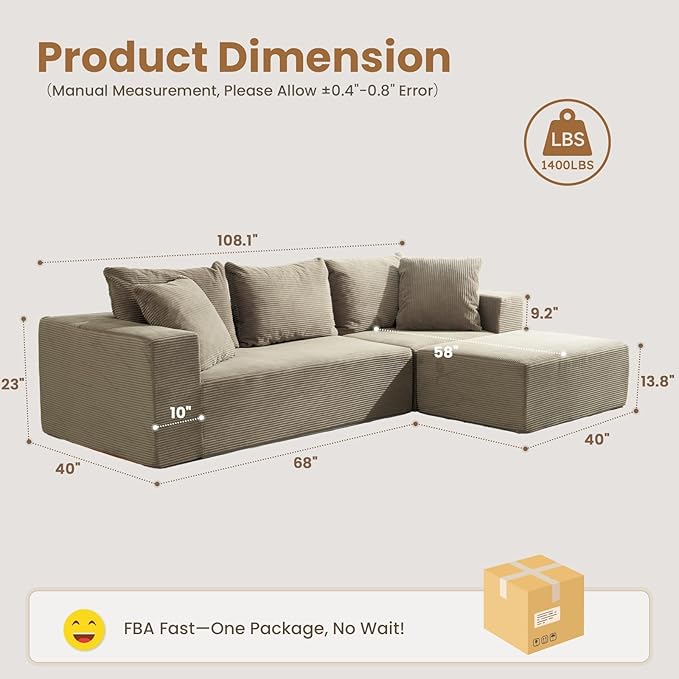108 L-Shaped Boneless Couch Modular Sectional Sofa with Moveable Ottoman Corduroy Cloud Couches for Living Room No Assembly Ship in a Box Camel