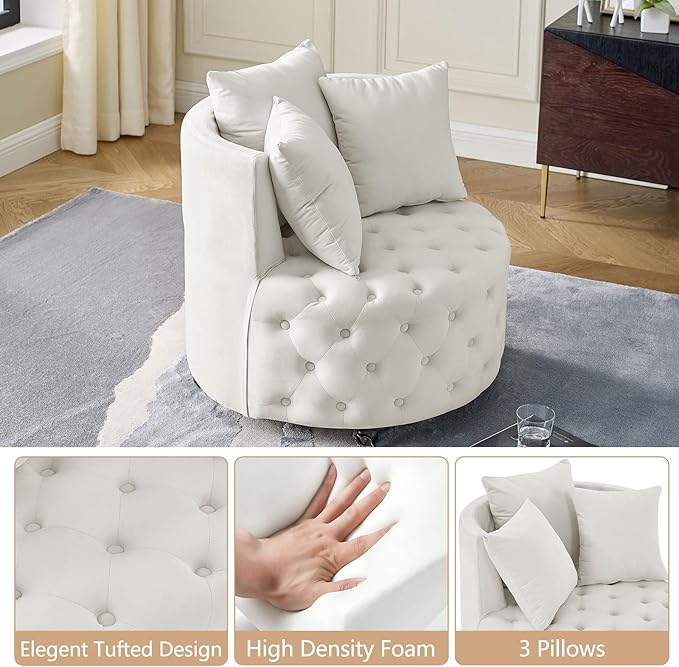 GNIXUU Swivel Barrel Accent Chair 30” Modern Velvet Round Sofa Chair with 3 Pillows and Wheels Comfy Tufted Club Lounge Chair for Living Room Bedroom(Beige).