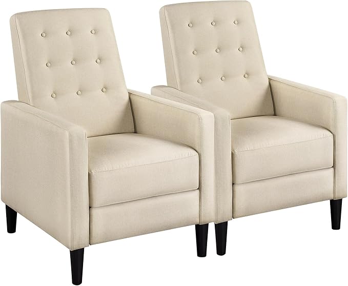 Yaheetech Fabric Recliner Chair Mid-Century Modern Recliner Adjustable Single Recliner Sofa with Thicker Seat Cushion Tufted Upholstered Sofa with Pocket Spring for Living Room Bedroom Beige Set of 2
