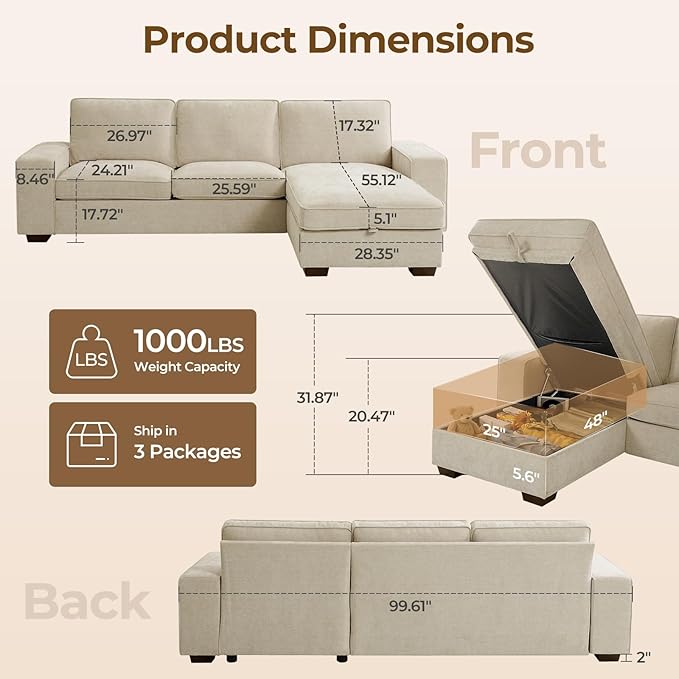 99 Sectional Sleeper Sofa Couch Chenille Convertible Chaise 3 Seats L-Shaped Sofa with 110L Storage Deep SeatWide Armrest USB Type-C ChargingRemovable Covers for Living Room Apartments Beige