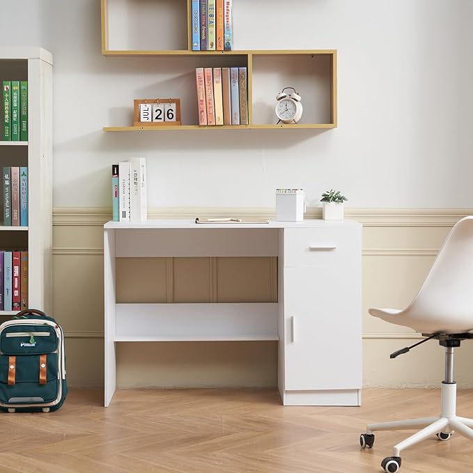 VEVOR Small Desk with Drawer Kids Desk for Bedroom Wooden Simple Study Table for Drawing Reading Writing Rectangle MDF Study Storage Table with Adjustable Shelf for Home Office White