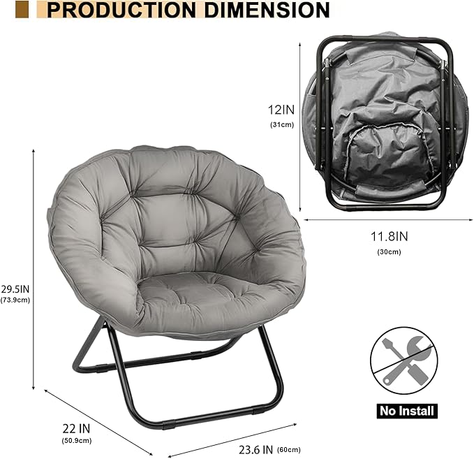 Folding Saucer Chairs for Living Room Circle Chairs with Faux Fur Moon Saucer Chairs for Adults Dorm Reading (Gray)