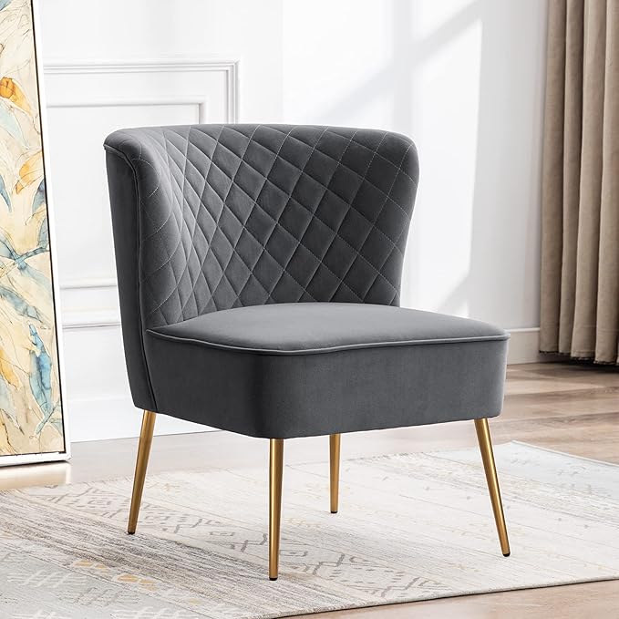 DUHOME Velvet Accent Chair Slipper ChairVanity Chairs Makeup Chair with Back Upholstered Sofa Chair Barrel Chair for Living Room Bedroom with Golden Legs Grey