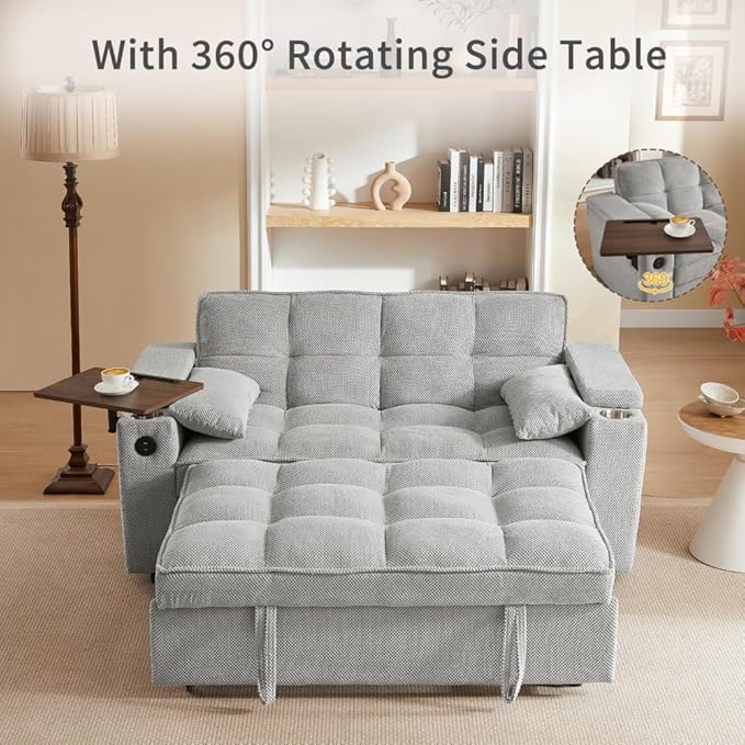 65'' Convertible Sleeper Sofa Bed with Adjustable Backrest Chaise Lounge Side Table &amp USB/Type-C Ports – Stylish &amp Functional Addition to Any Living Room (Fashion Light Grey)