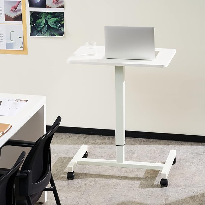 CLATINA Mobile Laptop Standing Desk Pneumatic Stand Table Rolling Adjustable Height Overbed Bedside Table with Lockable Wheels for Home Hospital Office Computer Workstation 28 x 19 Round Edge White