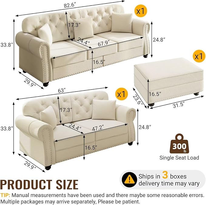 Beige Tufted Chesterfield Sofa Set with Rolled Arms &amp Nailhead Trim Velvet Upholstered Living Room Couch with Ottoman 3-Seater &amp Loveseat Solid Wood Frame Modern Classic Design
