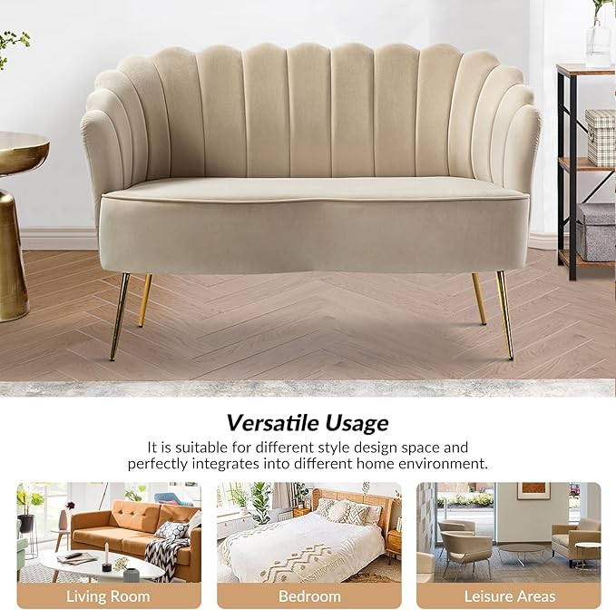 Velvet Upholstered Loveseat Sofa with Gold Metal Legs Modern Comfy Small Love Seat with Flower Shaped Back 2-Seater Sofa Accent Couch for Living Bedroom Leisure Areas