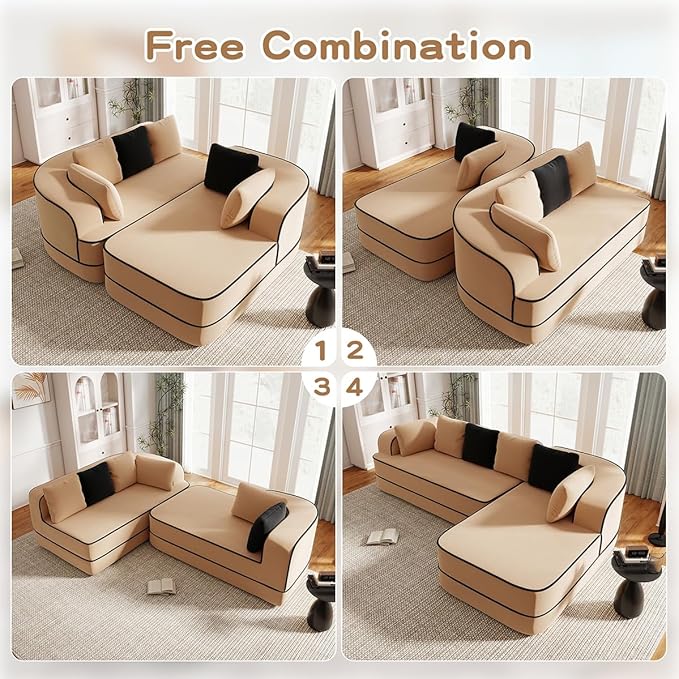 Boneless Sectional Couch with Memory Foam &amp Deep Seat Modular Sectional Sofa with Teddy Fabric for Living Room Cloud Couch with Facing Chaise No Assembly Required (Camel3 seat Right L)
