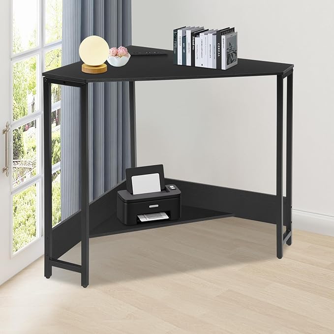 Small Corner Desk with Outlet Corner Table for Small Space Industrial Computer Desk w/USB Ports Triangle Desk for Home Office Workstation Living Room Bedroom (Black)