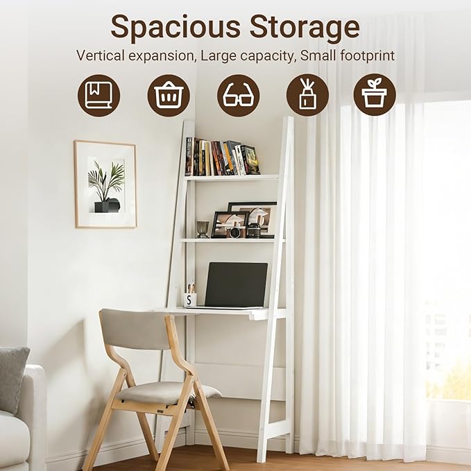 Ladder Desk with Shelves - Compact Slim White Desk with Storage for Small Spaces Modern Home Office Workstation Desk Freestanding Narrow Writing Desk with Open Shelves White FRG60