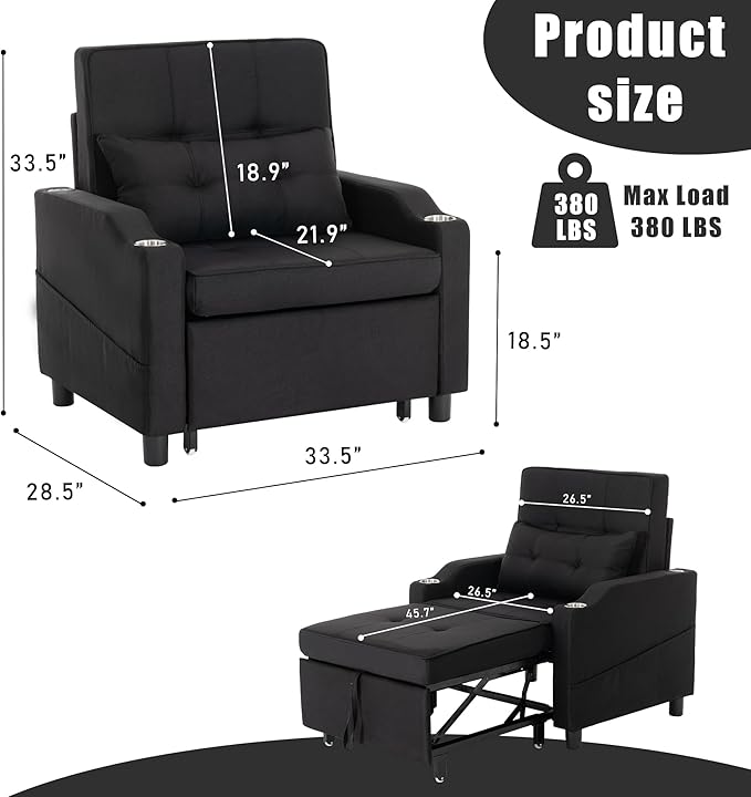 Sleeper ChairSingle Armchair Sofa with PillowAdjustable Backrest Recliner Sofa Modern Pull Out Couch Bed with USB Port Cup Holder Side Pocket for Living Room Bedroom(Black)