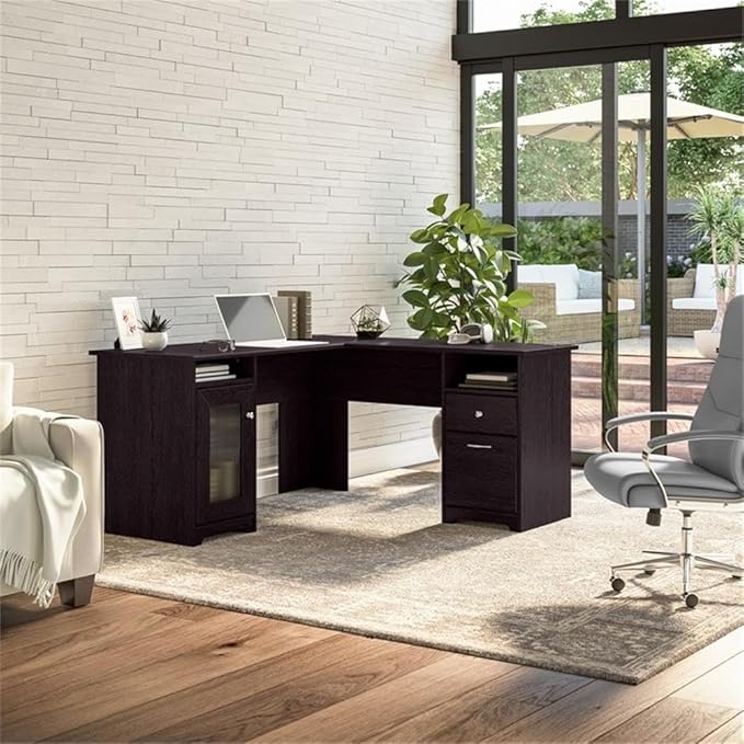 BOWERY HILL L Shaped Engineered Wood Computer Desk 60W x 60D x 30H Espresso Oak Finish Built-in Wire Management Storage Cabinet with Fluted Glass Door File Drawer Home Office Desk