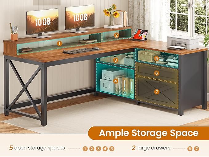 SEDETA L Shaped Gaming Desk with Drawers 55 Farmhouse Computer Desk with File Drawer and Storage Shelves Corner Gaming Desk with LED Lights and Monitor Shelf Black and Brown