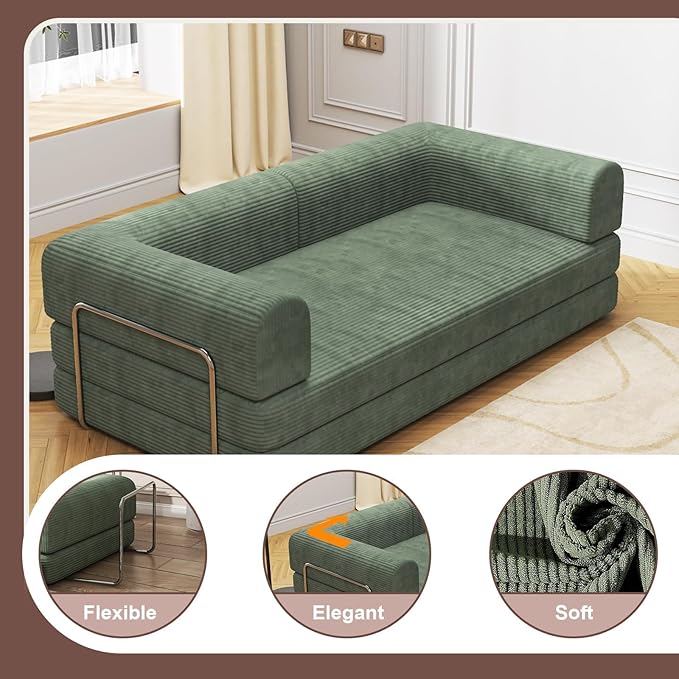 Convertible Corduroy Sleeper Sofa BedFolding Mattress Couch with Fixed-Shape Frame 3 Seater Fold Out King Size FutonNo Assembly Floor Couch for Living Room Dorm Studio 78.7*39.4*29.6 Inch Green