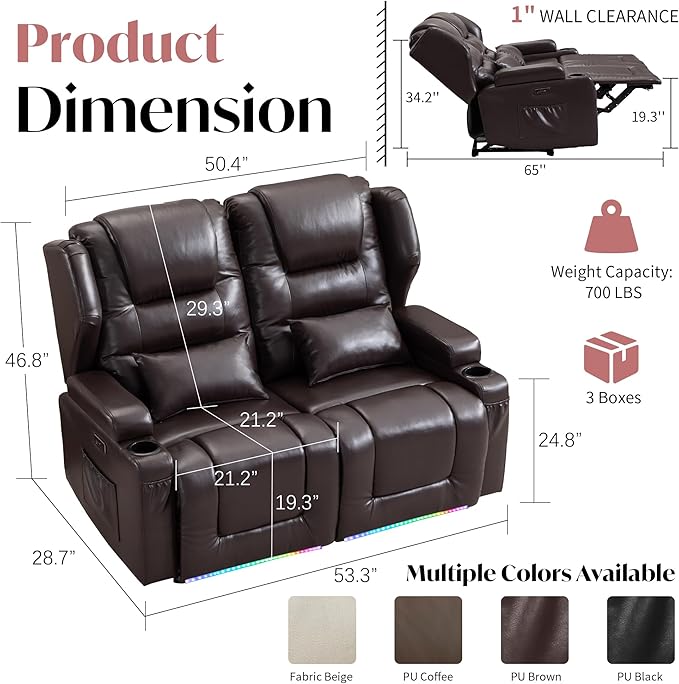Power Loveseat Recliner SofaReclining Loveseat RV Recliners with Speaker/USB Ports/LED LightsPower Recliner Loveseat Sofa with Cup Holders for Living Room (Brown Loveseat)
