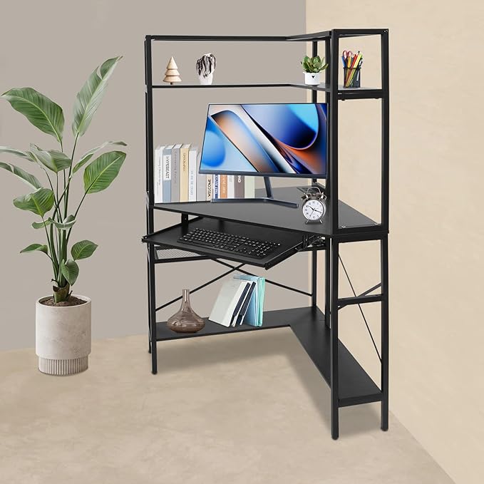 Corner Desk Triangle Corner Computer Desk with Keyboard Tray and USB Ports Small Computer Desk with Hutch and LED Lights ComputerDesk for Small Space Home Office Desk Black