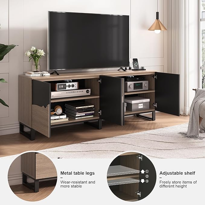 70 TV Stand with Power Outlet Black Large TV Stands for 75 Inch TV Entertainment Center TV Cabinet with Storage and Adjustable Shelf Live Edge TV Console Table for Bedroom Living Room