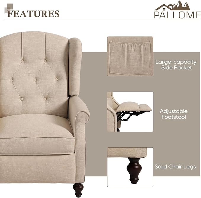 Wingback Recliner Chair with Massage and Heat Tufted Fabric Push Back Arm Chair Recliner Chair for Living Room Bedroom Home Theater (2Beige)