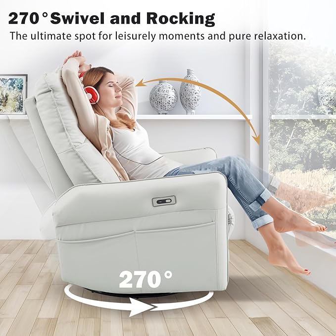cinkehome Power Swivel Rocker Recliner with USB Overstuffed Electric Reclining Chair Faux Leather Rocker Recliner for Nursery Living Room Light Grey