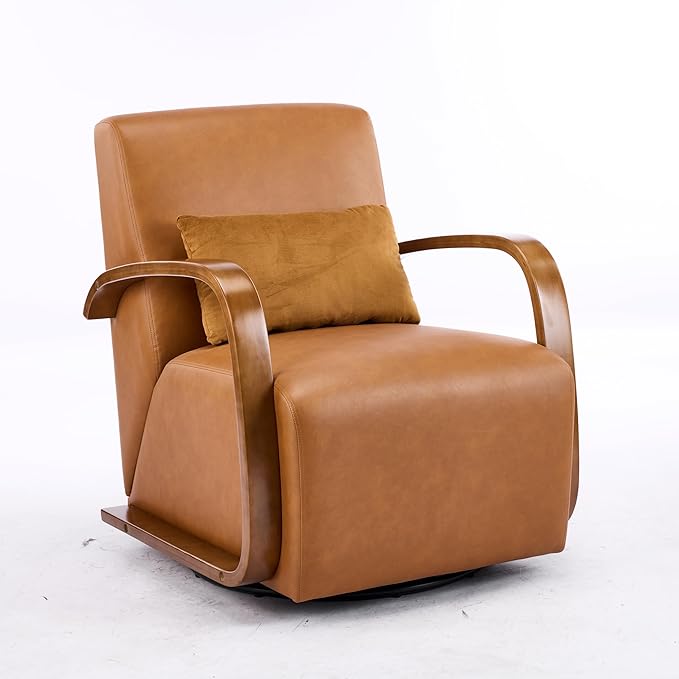 Vintage-Inspired Swivel Accent Chair with Luxe Faux Leather &amp Solid Wood Armrests Ergonomic Comfort for Living Room Office and Bedroom Compact Single Seater