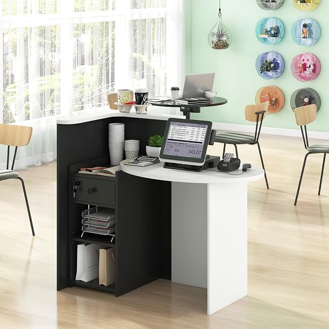MAT EXPERT Reception Desk Front Desk with Open Shelves Lockable Drawer Round Tabletop Checkout Counter Retail Counter Computer Workstation for Office (Black Cabinet &amp White Desktop)