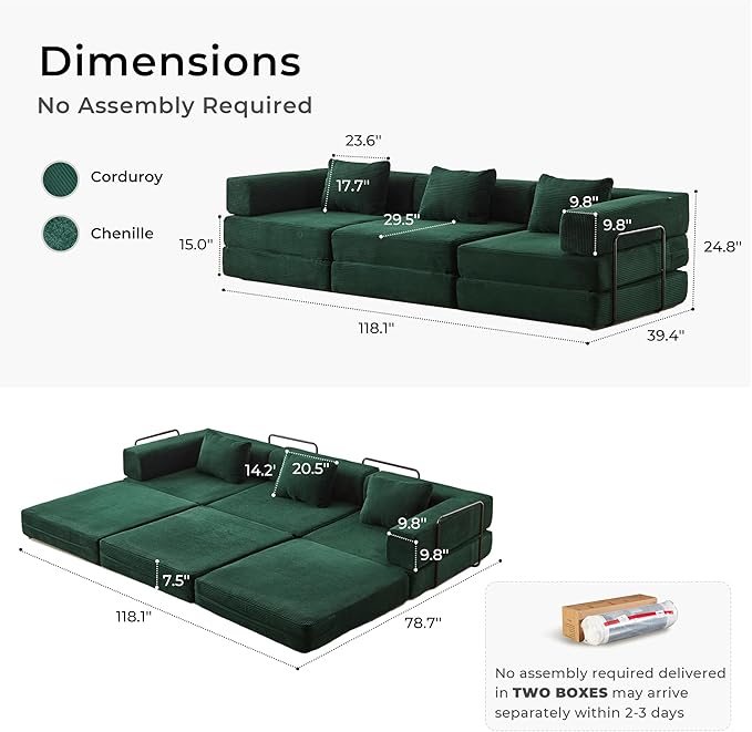 WELAX 118 Convertible Sectional Sofa 3-Seater Futon Modular Sleeper Sofas Bed with 3 Pillows Corduroy Boneless Cloud Couches for Living Room No Assembly Floor Couch for Bedroom Green
