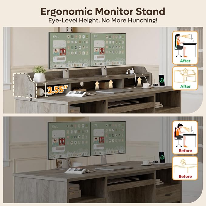 Bestier Farmhouse 59 Executive Desk with Drawers Wood Computer Desk with Charging Station Home Office Desk with Keyboard Tray &amp Monitor Stand Sturdy Pedestal Desk for Work Study Grey