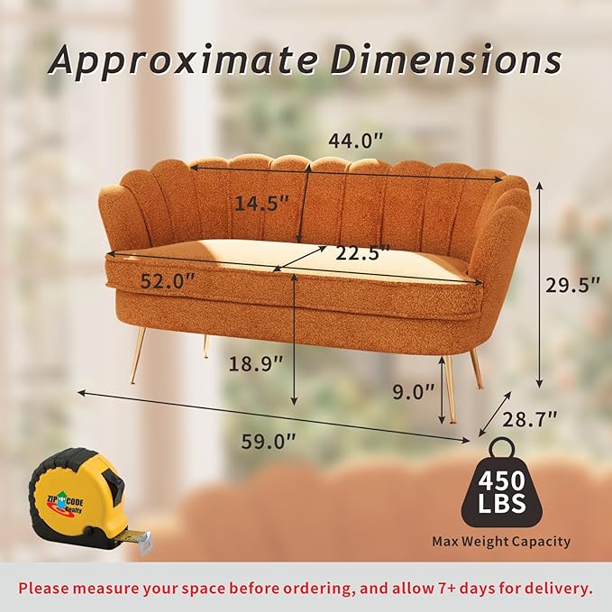 59'' Loveseat Sofa Modern Sherpa Boucle 2-Seater Sofa with Golden Legs Comfy Upholstered Shell Accent Couch for Store Living Room Studio Office (Caramel).