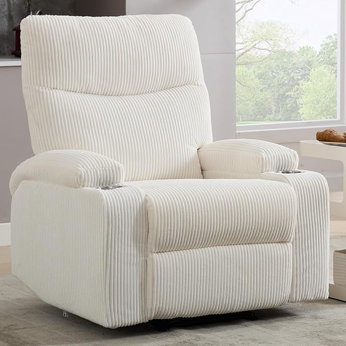 Manual Recliner Chair with Pull Ring 3 Position 140° Reclining Sofa for Living Room Nursery RV and OfficeOversized Recliner Chairs for Adults(White Corduroy Fabric)