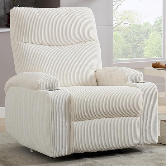 Manual Recliner Chair with Pull Ring 3 Position 140° Reclining Sofa for Living Room Nursery RV and OfficeOversized Recliner Chairs for Adults(White Corduroy Fabric)