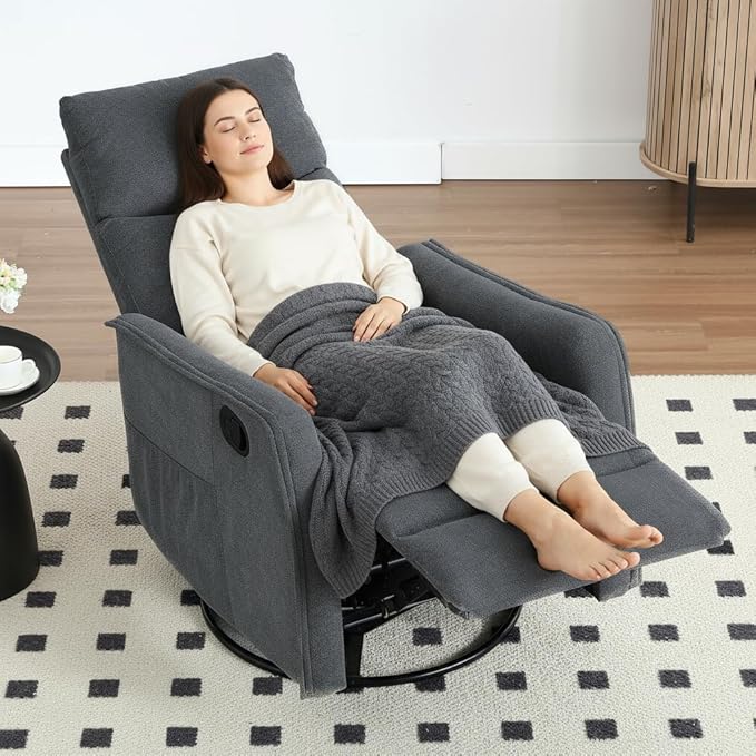 PELUMY 360 Swivel Rocking Recliner Chair for Adults Nursery Rocking Chair with Heat and Massage Glider Reclining Chair for Small Space Living Room Bedroom (Dark Grey)