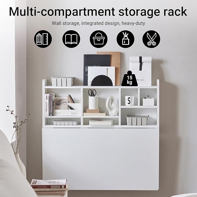 SoBuy Wall Mounted Folding Table Foldable Floating Desk for Small Spaces Fold Down Workstation Table with Adjustable Shelf for Home Office Bedroom or Kitchen White FWT07-II-W