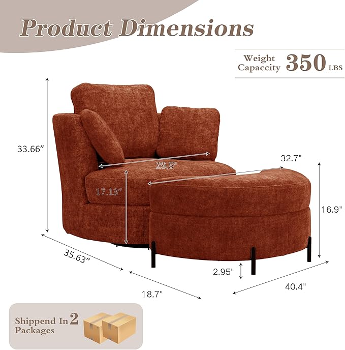 Mlmh &amp Kngwa Oversized Swivel Chair with Ottoman 40.4 inch Round Swivel Accent Chair and A Half Moon Ottoman with 3 Pillows Chenille Cozy Reading Chairs for Bedroom Living Room Terracotta