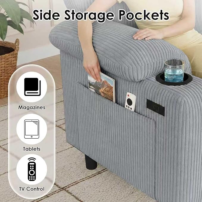 80'' Modular Sectional Sofa 3-Seater L-Shaped Couch with Storage DesignCorduroy Fabric and Movable Ottoman for Living Room Office Apartment LightGray | USB Charging Cup Holders Side Pockets Ar