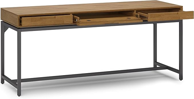 SIMPLIHOME Banting Desk - 72 Inch Wide Solid Wood and Metal Writing Desk in Medium Saddle Brown Modern Industrial Home Office Computer Table for Study with 2 Drawers and Flip-Down Keyboard Tray