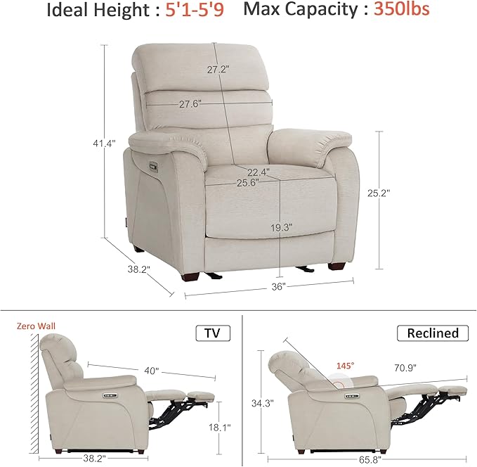 MCombo Power Zero Wall Hugger Recliner Chair for Small Space RV Living Room Power Recliner with Adjustable Headrest USB &amp USB-C Charging Ports Fabric ST257 (Beige)