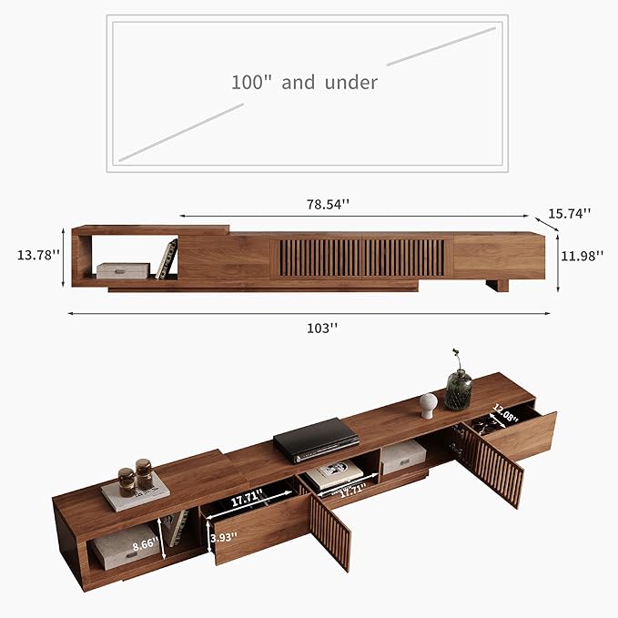 Adjustable Length 78-103 TV Stand with 2 Doors and 2 Drawers Entertainment Center with Storage for Living Room Bedroom Mid Century Modern TV Console Media Console Television Stand Walnut