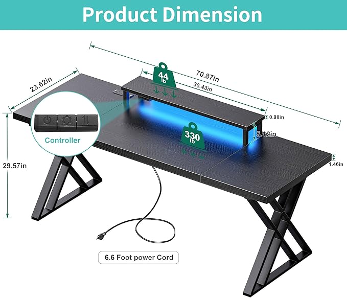 70.8 Inch Large Computer Desk with Power Outlet &amp LED LightsModern Home Office Desk with Ergonomic Monitor StandExtra Long Executive Office Writing Desk for Gaming Work Study Black