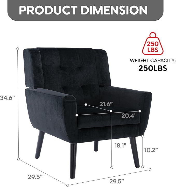 Set of 2 Velvet Accent Chair Mid-Century Modern Tufted Armchair for Living Room Bedroom &amp Office (Black)
