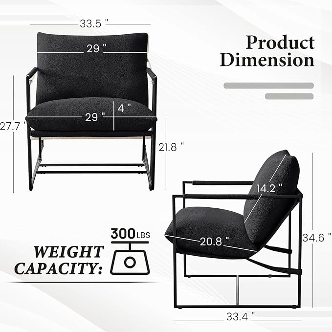 Furnilivng Large Sling Accent Chair Set of 2 Comfortable Boucle Fabric Arm Chair Upholstered Cozy Reading Chair for Living Room Bedroom Dressing Room Home Office Black