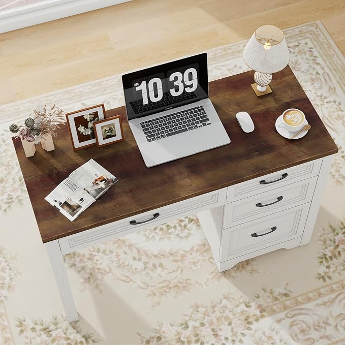 Farmhouse Executive Desk with Drawers Wood Computer Desk with Ample File Drawer Rustic Home Office Desk with Storage for Bedroom Living Room White