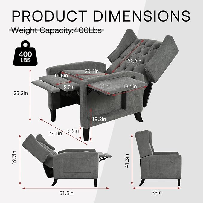 Manual Recliner Chair with Foldable Side Table USB Charger Wingback Tufted Wall Hugger Recliners for Small Spaces Living Room Bedroom Lazy Boy Style Recliner