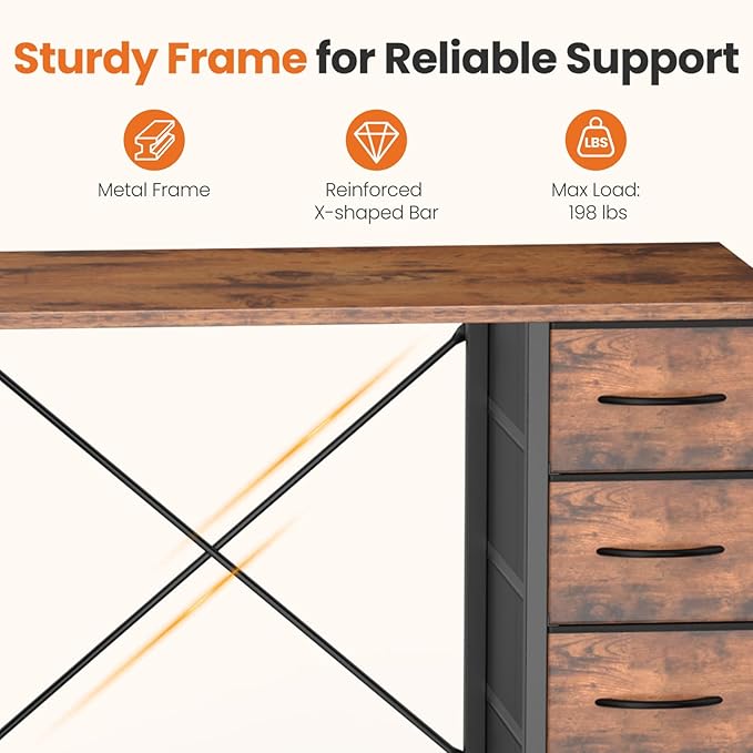 Sweetcrispy Desk with 8 Fabric Storage Drawers Computer Office 47 Inch Gaming Writing Study Table with X-Shaped Reinforced Structure for Home Office Bedroom PC Desk Brown