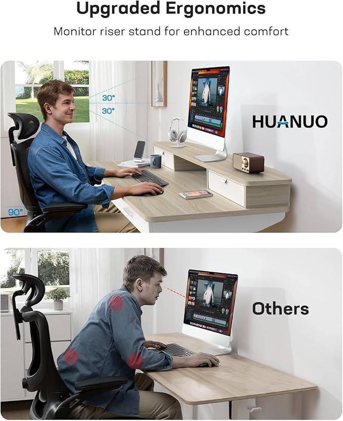 HUANUO 48 x 30 inch Electric Standing Desk with 4 Drawers Adjustable Height Sit Stand Home Office Desk with Two Tiers Ergonomic Adjustable Stand up Desk C-Clamp Monitor Mount Compatible Natural