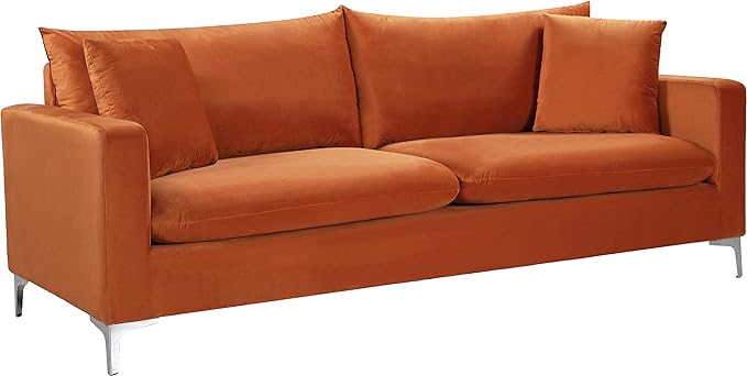 Meridian Furniture 633Cognac-S Naomi Collection Modern | Contemporary Velvet Upholstered Sofa with Deep Channel Tufting and Rich Gold Stainless Steel Legs Cognac 81.5 W x 33.5 D x 30 H