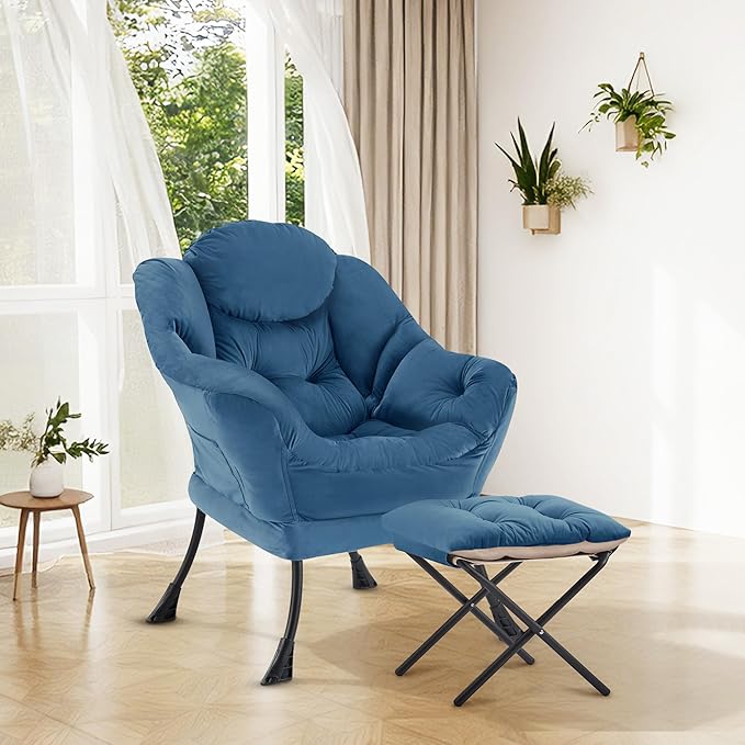 Lazy Chair with OttomanOversized Accent Chair with Thick Cushion Side PocketModern Lounge Arm Reading Chair and Folding Footrest for Living RoomBedroomOfficeDormApartment Blue