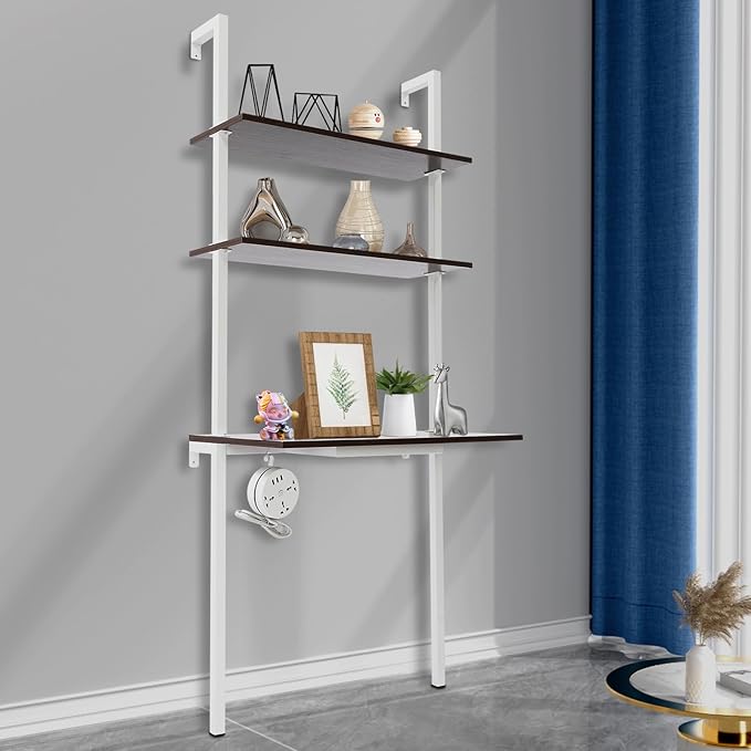 2-Shelf Industrial Wall Mount Ladder Wall Mount Computer or Writing Desk Computer Laptop Desk with Shelves Floating Desk with Storage Wall Table for Home Office White (20x30x72.5)