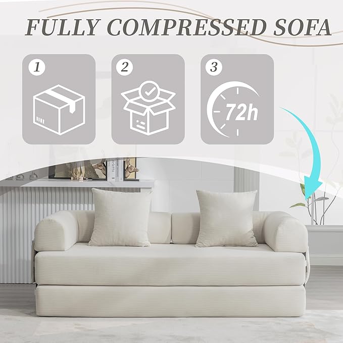 4‑in‑1 Convertible Sleeper Sofa Bed DIY Combination Floor Sofa Lounge Couch with Cylindrical Pillow Corduroy Futon Folding Mattress Couch for Apartment Bedroom Playroom Beige