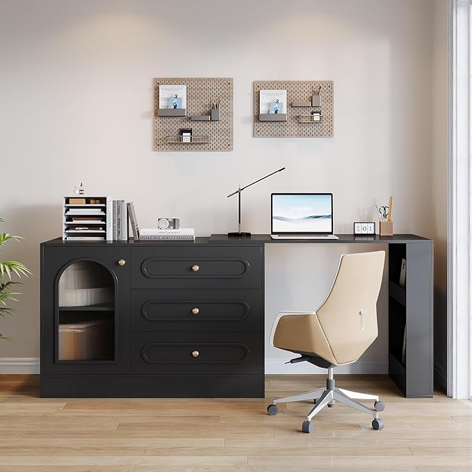Tribesigns L Shaped Desk with 3 Drawers Reversible Corner Desk with Storage 360° Rotatable Study Table with Adjustable Shelves for Home Office Writing Table Workstation for Bedroom (Black)